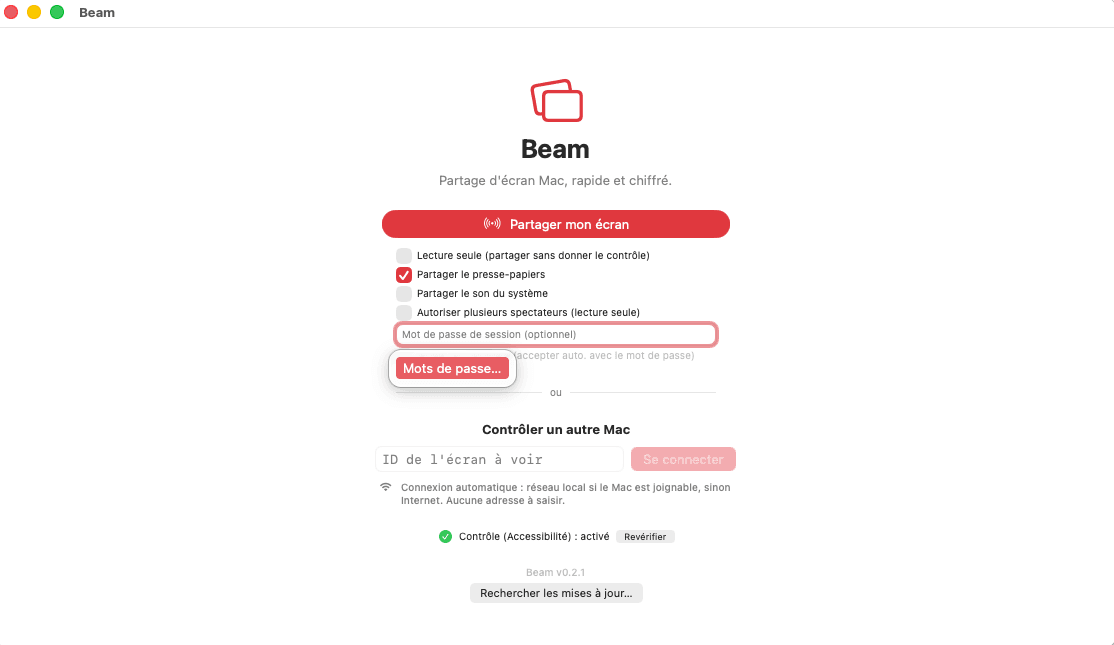 Share your screen and control another Mac remotely — fast, end-to-end encrypted, and zero setup. Local network or Internet, detected automatically.