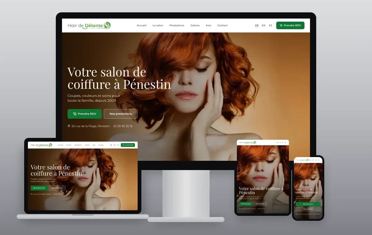 Hair de Détente website on a desktop, laptop, tablet and phone
